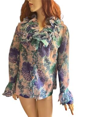 Vintage Elite  Ruffled Floral Button Blouse - Pink, Purple & Green Romantic